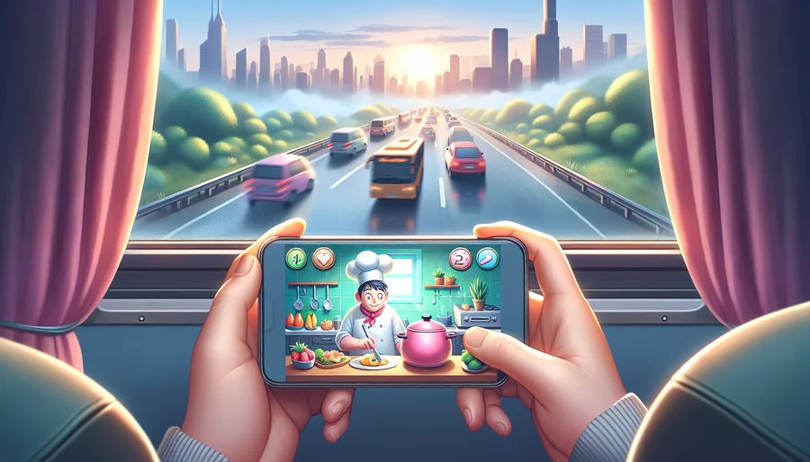 Người đang thư giãn chơi game nấu ăn offline trên điện thoại khi đi xe buýt.