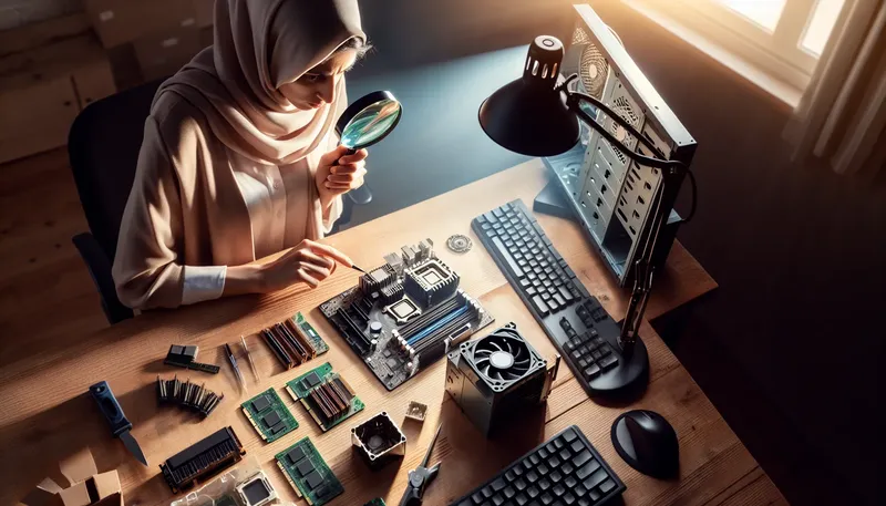 Người dùng đang kiểm tra các linh kiện PC cũ như CPU, GPU và RAM trên bàn làm việc.
