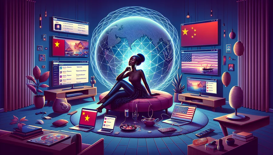 Người dùng tận hưởng nội dung quốc tế tại nhà với VPN, hiển thị trên nhiều màn hình.