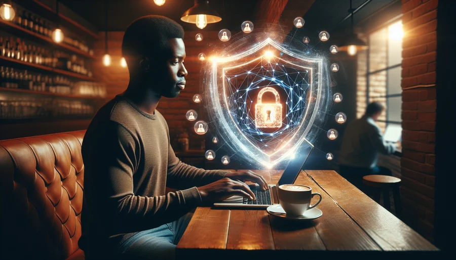 Người dùng được bảo vệ bởi lớp khiên mã hóa VPN khi sử dụng Wi-Fi công cộng tại quán cà phê.