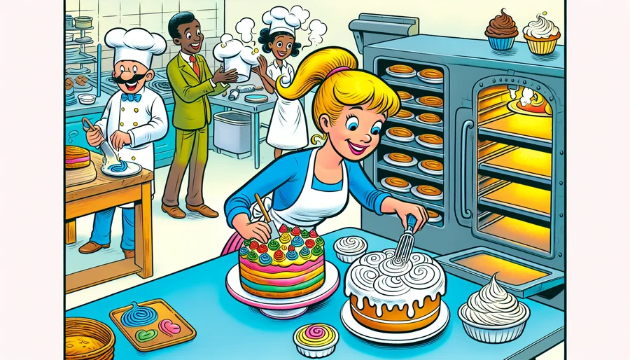 Nhân vật Jill bận rộn làm bánh kem để phục vụ khách hàng trong game Cake Mania.