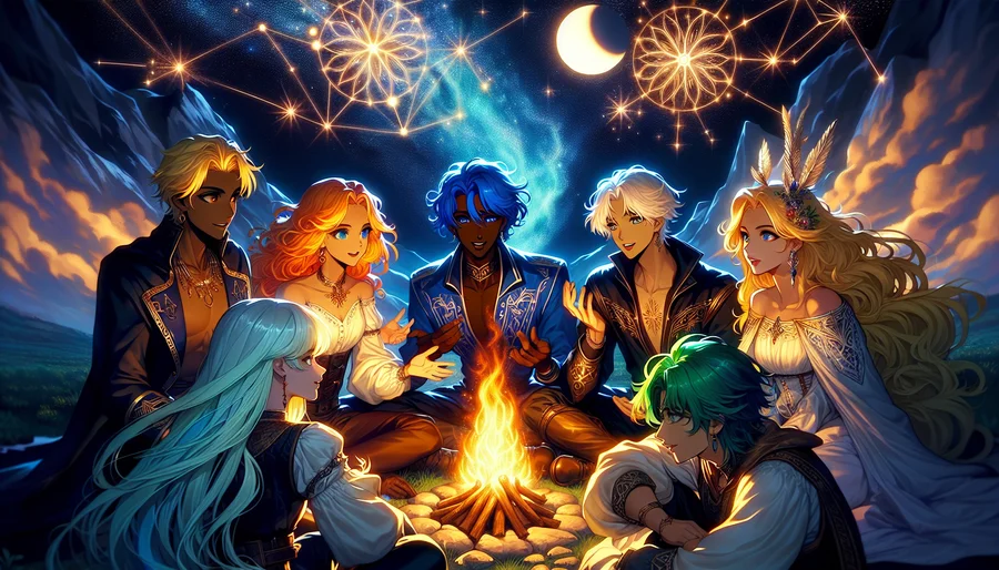 Nhóm bạn phiêu lưu trong game MMORPG anime quây quần bên lửa trại.