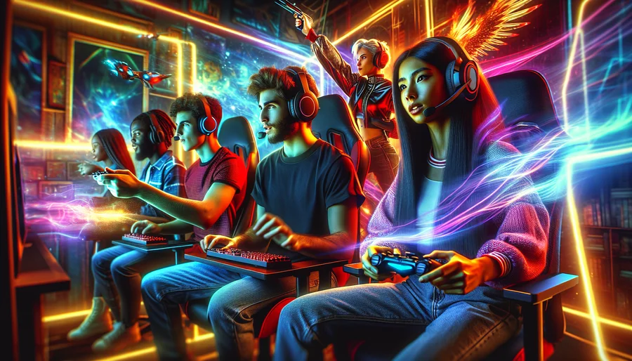Nhóm bạn thân đang chơi game PC miễn phí cùng nhau trong một phòng game hiện đại.