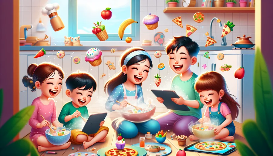 Nhóm các bé gái và trẻ em đang vui vẻ chơi trò chơi nấu ăn trên máy tính bảng.