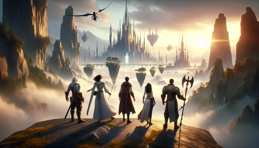Nhóm nhà thám hiểm game MMORPG ngắm nhìn thế giới fantasy rộng lớn.