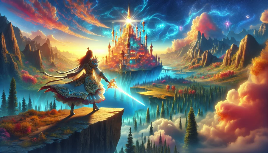 Nữ anh hùng game MMORPG đứng trên vách đá nhìn ra thế giới ảo kỳ vĩ.