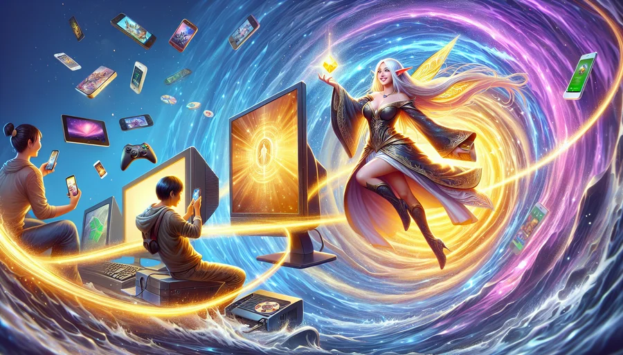 Nữ pháp sư yêu tinh chuyển đổi liền mạch giữa PC, console và mobile, thể hiện game MMORPG đa nền tảng.