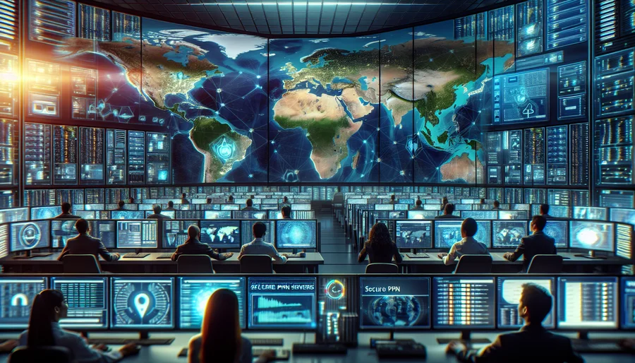 Phòng điều khiển tương lai với bản đồ máy chủ VPN toàn cầu.