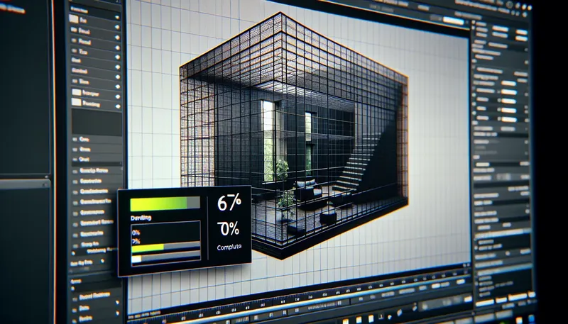 Quá trình render bằng V-Ray CPU với các ô vuông nhỏ (render buckets) đang được xử lý bởi nhiều nhân CPU.
