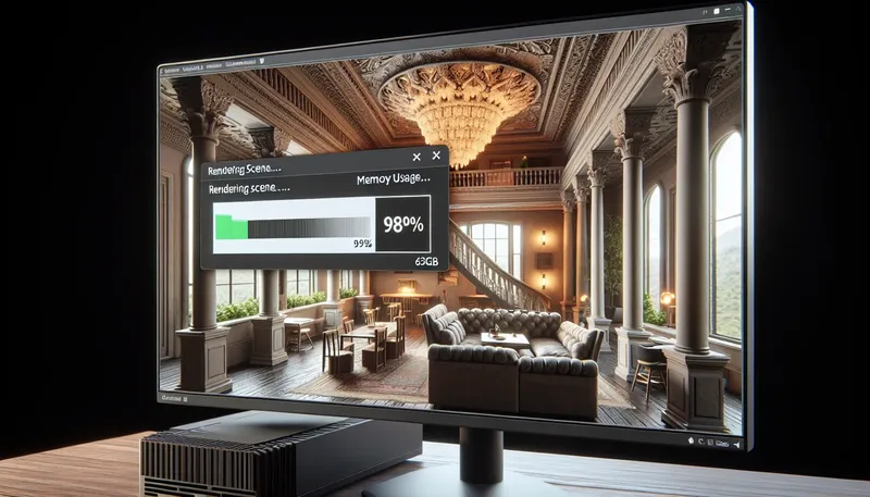 Render kiến trúc 3D phức tạp với texture 8K đòi hỏi dung lượng RAM 64GB để không bị lỗi.