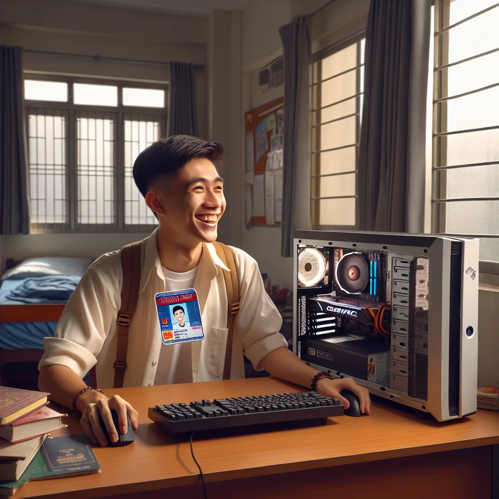 Sinh viên vui vẻ bên dàn PC gaming mới mua trả góp, một giải pháp tài chính hữu ích.