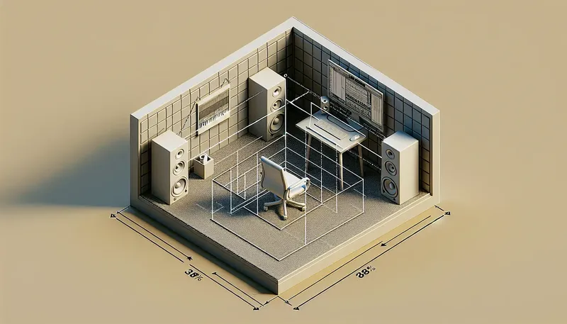 Sơ đồ bố trí loa kiểm âm và vị trí ngồi nghe theo quy tắc tam giác đều và quy tắc 38%.