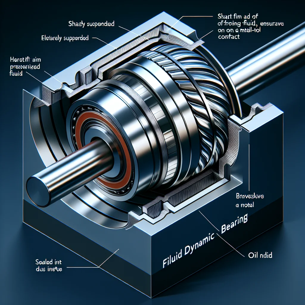 Sơ đồ cấu tạo cao cấp của trục quay Fluid Dynamic Bearing (FDB) với rãnh xương cá và hệ thống được niêm phong kín.