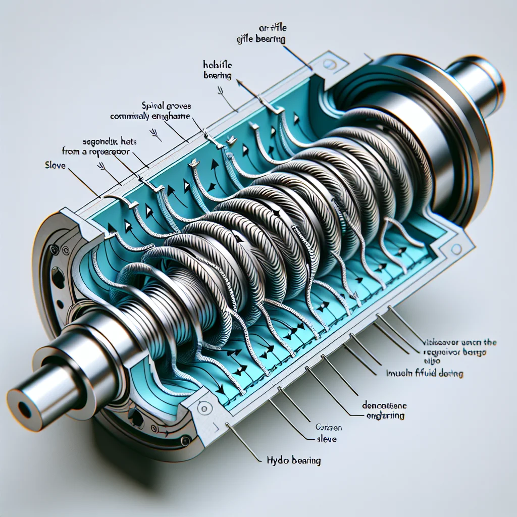 Sơ đồ cấu tạo của trục quay Hydro Bearing, làm nổi bật các rãnh xoắn ốc giúp bơm dầu bôi trơn.