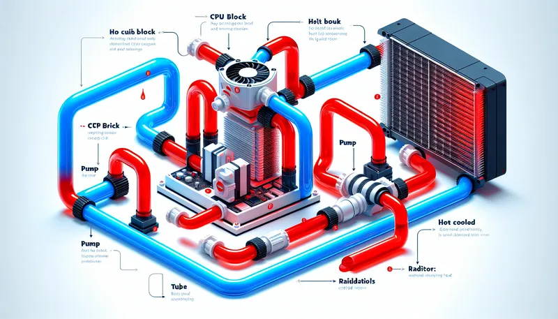 Sơ đồ chu trình khép kín của tản nhiệt nước AIO, từ block CPU đến radiator.