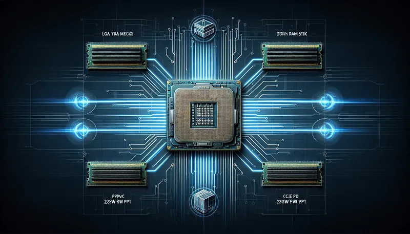 Sơ đồ công nghệ cốt lõi của Socket AM5 bao gồm socket LGA, RAM DDR5, và PCIe 5.0.