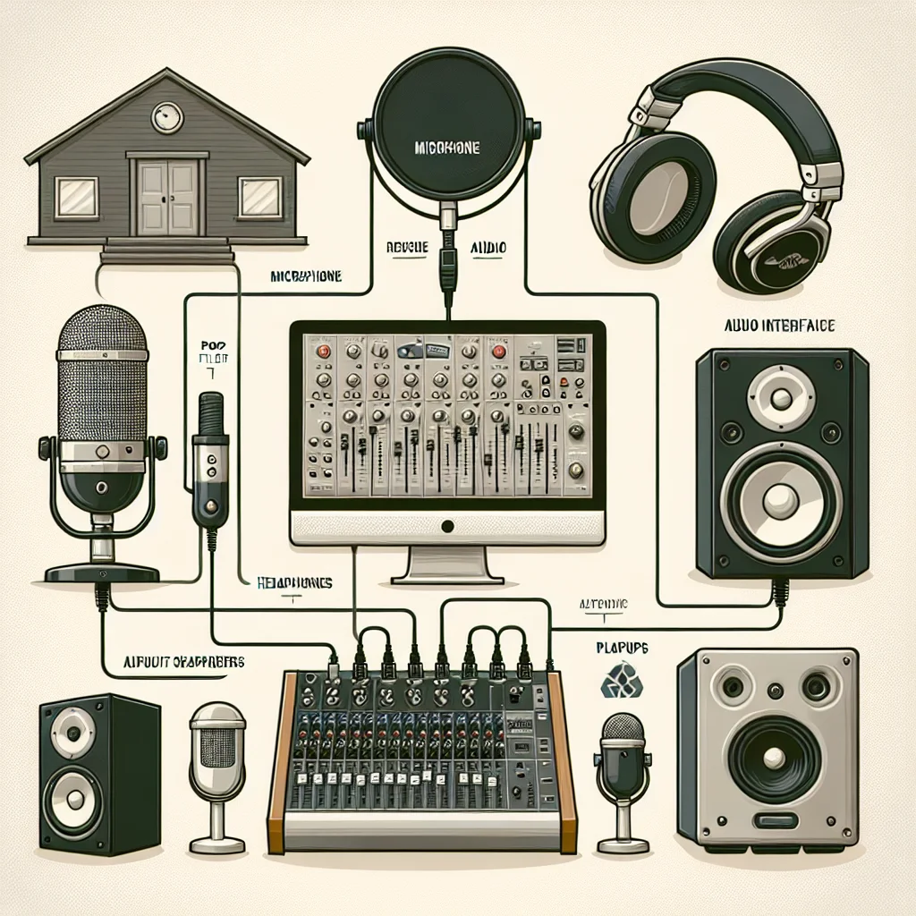 Sơ đồ kết nối bộ thu âm tại nhà hoàn chỉnh với sound card, micro, tai nghe và máy tính.