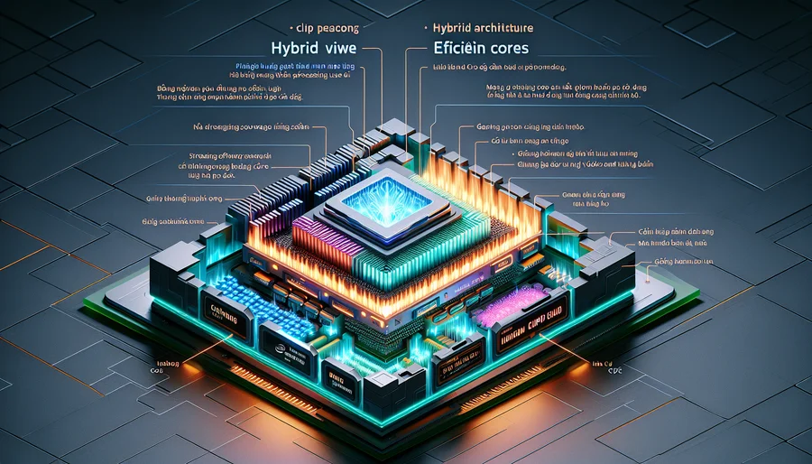 Sơ đồ kiến trúc hybrid của Intel với P-core và E-core trên CPU.