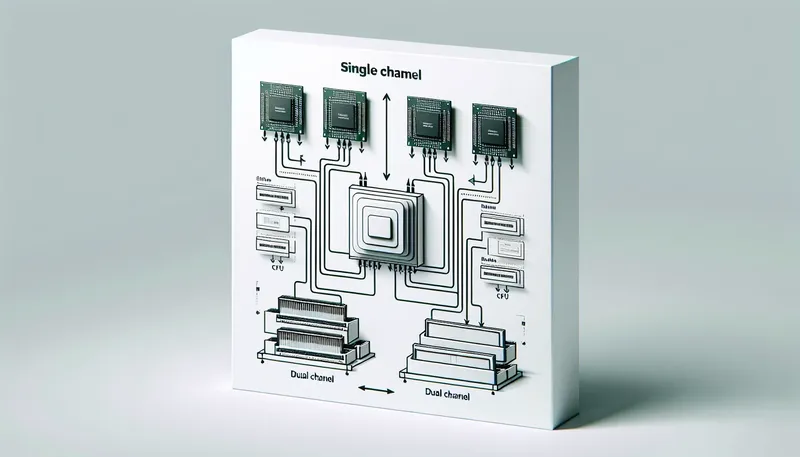 Sơ đồ kỹ thuật minh họa lợi ích băng thông của RAM Dual Channel (2 thanh) so với Single Channel (1 thanh).