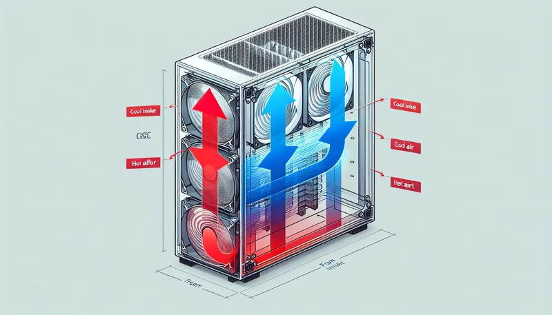 Sơ đồ luồng gió tối ưu trong vỏ case PC với quạt hút gió mát vào phía trước và quạt đẩy khí nóng ra phía sau và trên.