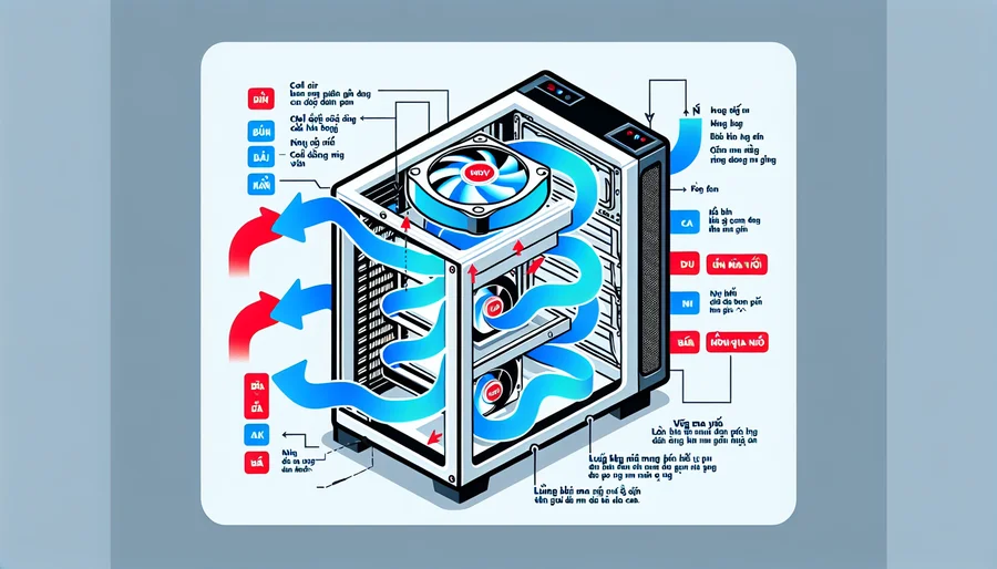 Sơ đồ luồng khí tối ưu trong vỏ case máy tính, hút gió mát vào từ trước và đẩy khí nóng ra sau.