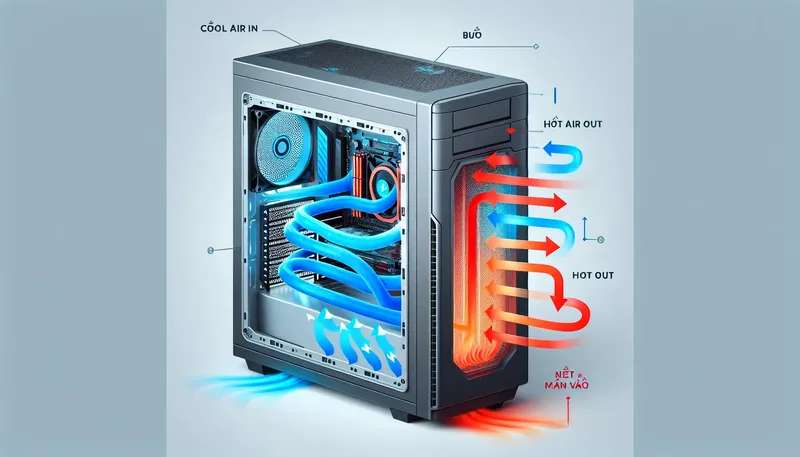 Sơ đồ luồng không khí (airflow) tối ưu trong case PC, giúp hệ thống luôn mát mẻ.