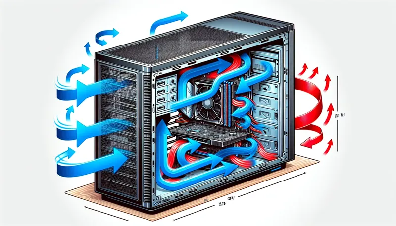 Sơ đồ luồng không khí tối ưu trong vỏ case mặt lưới giúp tản nhiệt cho PC gaming hiệu quả.