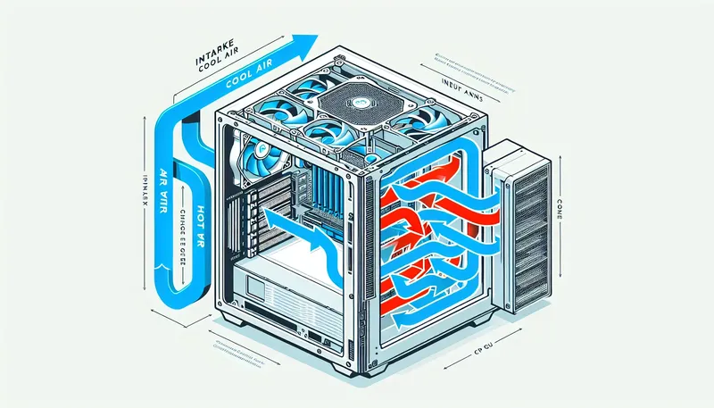Sơ đồ luồng không khí tối ưu trong vỏ case máy tính với quạt hút khí mát và quạt đẩy khí nóng.