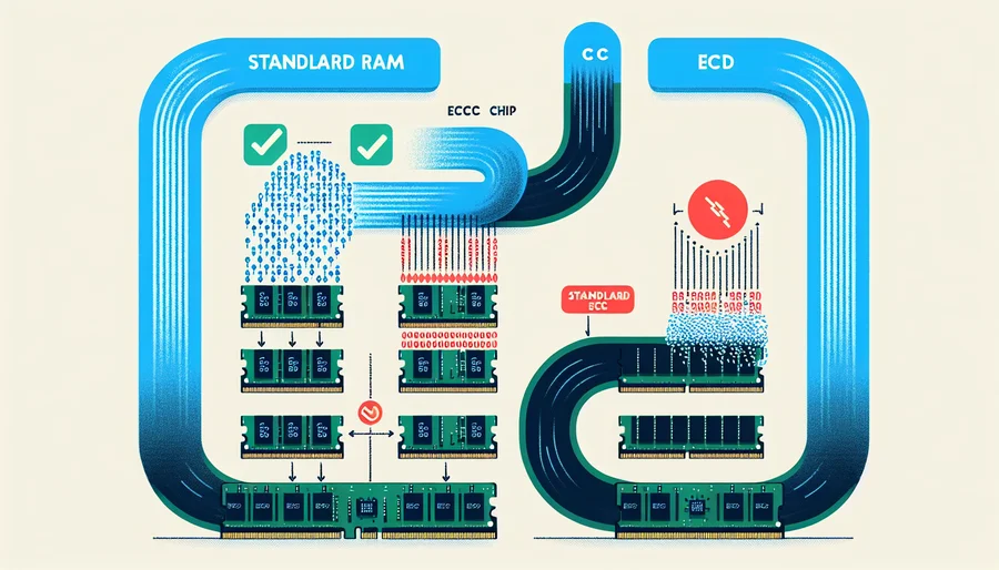 Sơ đồ minh họa cách RAM ECC tự động phát hiện và sửa lỗi bộ nhớ, giúp hệ thống ổn định 24/7.