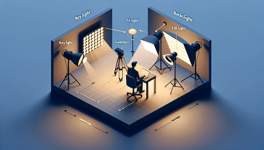 Sơ đồ minh họa nguyên tắc chiếu sáng 3 điểm trong setup livestream, bao gồm Key Light, Fill Light, và Back Light.