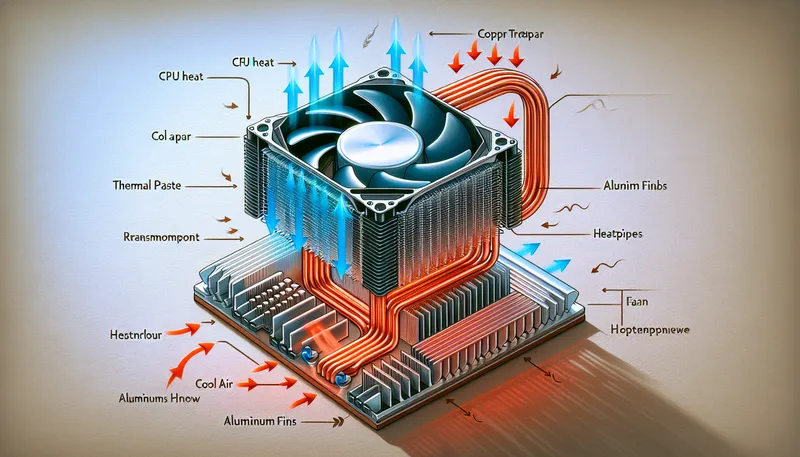 Sơ đồ nguyên lý hoạt động của tản nhiệt khí CPU với ống dẫn nhiệt và lá tản nhiệt.