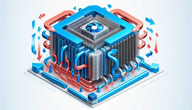 Sơ đồ nguyên lý hoạt động của tản nhiệt khí CPU với ống đồng dẫn nhiệt và quạt làm mát.
