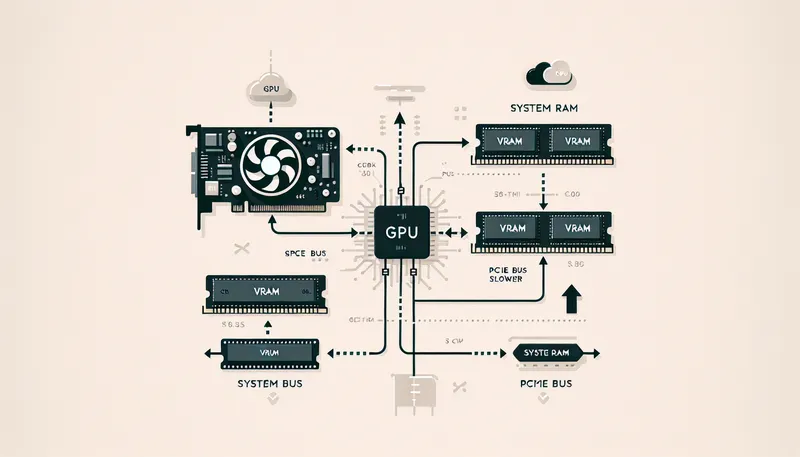Sơ đồ phân biệt sự khác nhau giữa VRAM trên card đồ họa và RAM hệ thống trên mainboard, minh họa hiện tượng nghẽn cổ chai.