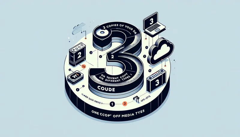 Sơ đồ quy tắc backup 3-2-1 để bảo vệ dữ liệu dựng phim an toàn.