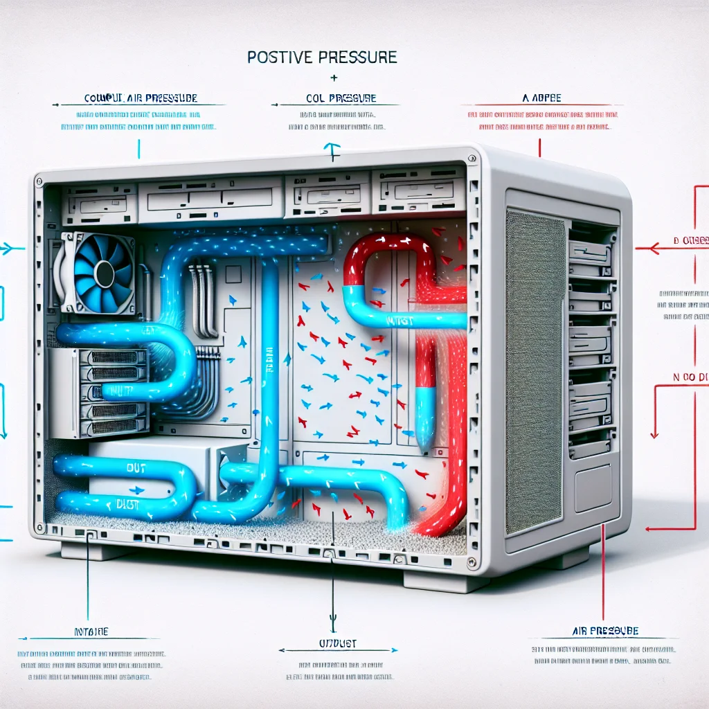 Sơ đồ so sánh áp suất dương và áp suất âm trong case PC, minh họa cách áp suất dương chống bụi hiệu quả.