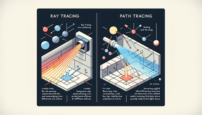 Sơ đồ so sánh kỹ thuật Ray Tracing (dò tia) và Path Tracing (dò đường dẫn) trong việc mô phỏng ánh sáng.