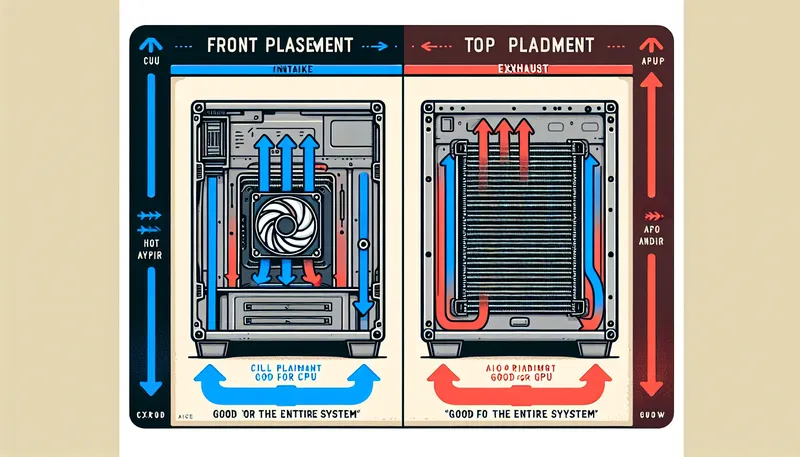 Sơ đồ so sánh lắp đặt radiator AIO ở mặt trước (intake) và mặt trên (exhaust).
