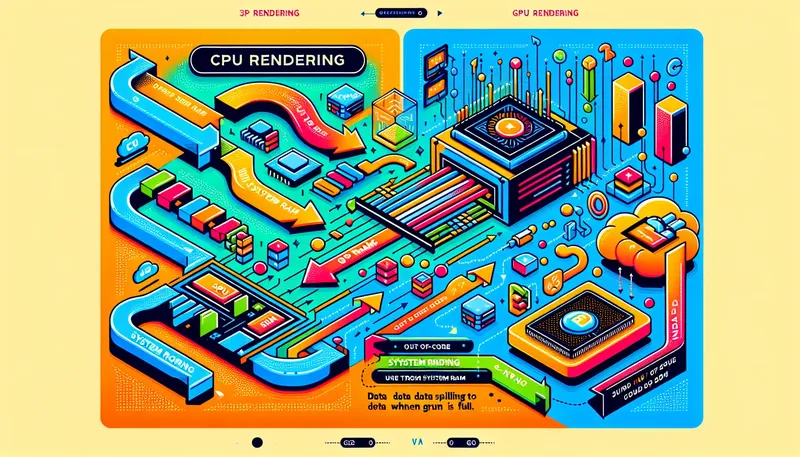 Sơ đồ so sánh sự khác biệt giữa luồng dữ liệu của RAM và VRAM khi render bằng CPU và GPU.