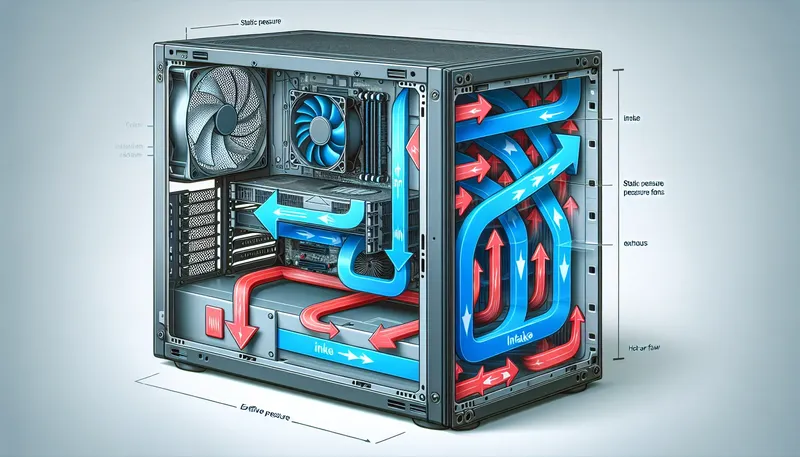 Sơ đồ thiết lập luồng gió áp suất dương tối ưu trong case PC với quạt hút vào và thổi ra.