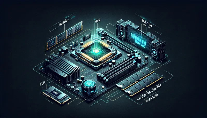 Sơ đồ vai trò của các linh kiện CPU, GPU, RAM, SSD trong một PC đồ họa Blender.