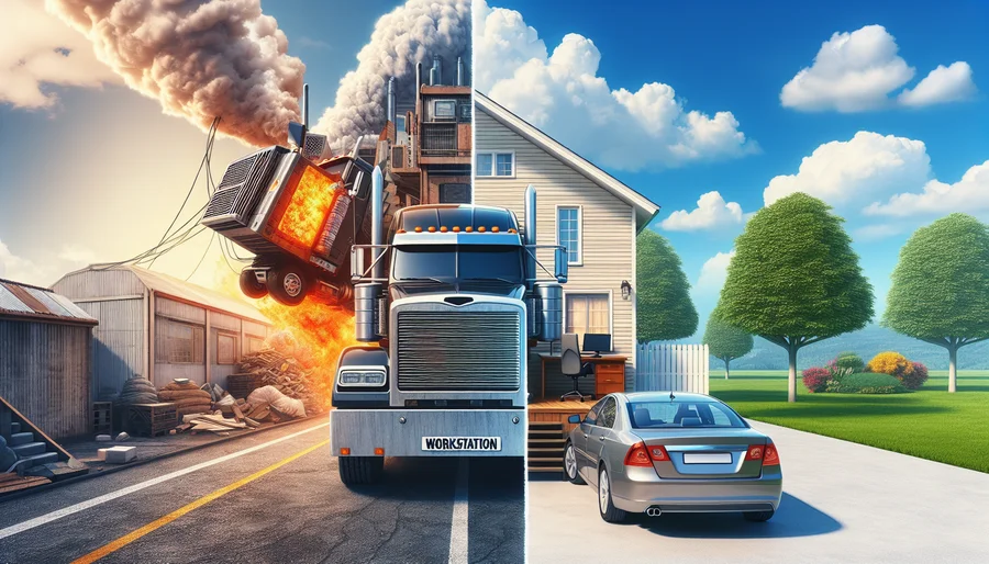 So sánh ẩn dụ giữa máy trạm như một chiếc xe tải chuyên dụng và máy tính thường như một chiếc xe sedan gia đình.