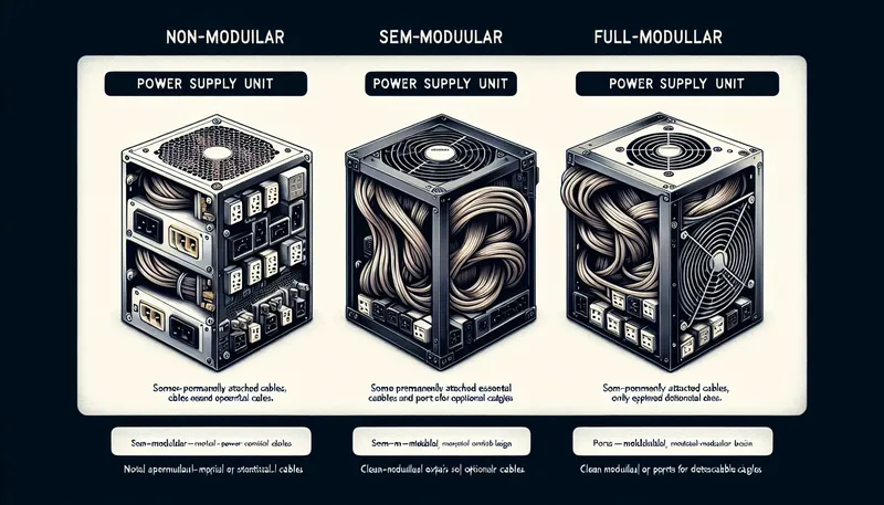 So sánh ba loại cáp nguồn máy tính: Non-Modular (liền), Semi-Modular và Full-Modular (rời).