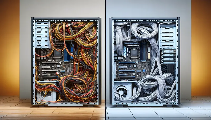 So sánh bên trong vỏ case PC trước và sau khi đi dây gọn gàng để tối ưu luồng gió.
