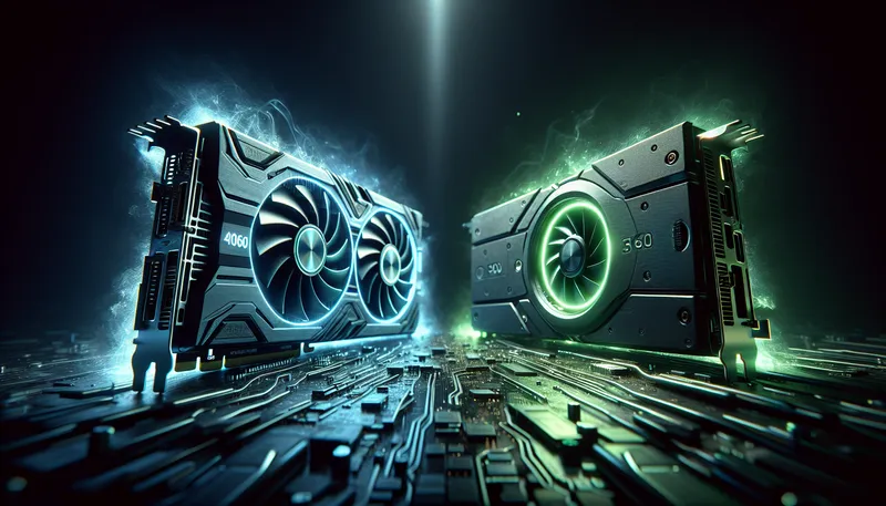 So sánh card đồ họa NVIDIA GeForce RTX 4060 và RTX 3060 trong một khung cảnh đối đầu công nghệ cao.