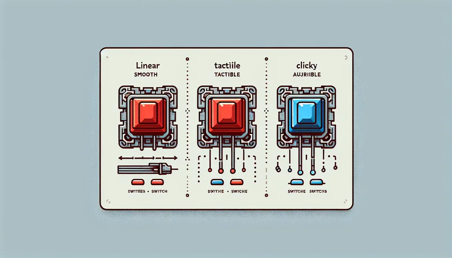 So sánh cấu tạo và hành trình phím của ba loại switch cơ bản: Linear, Tactile, và Clicky.