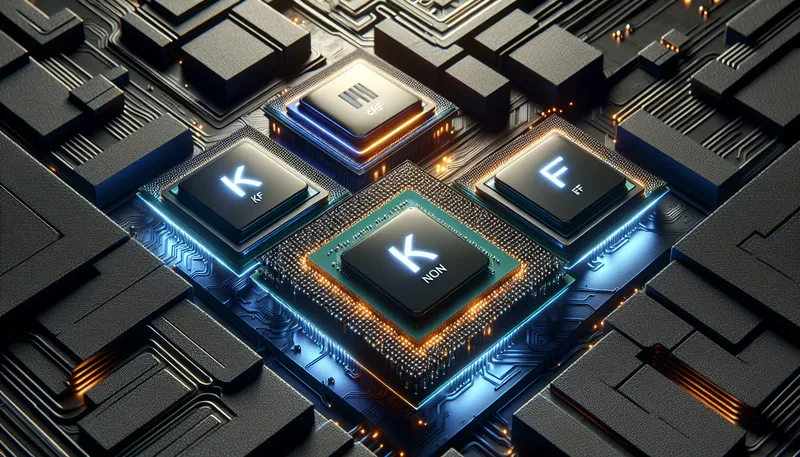 So sánh chi tiết các dòng chip Intel K, KF, F và non-K với hình ảnh minh họa 3D.