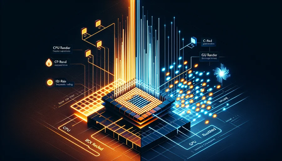 So sánh cơ chế hoạt động giữa render CPU (V-Ray, Corona) và render GPU (V-Ray GPU).