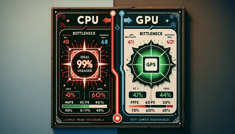 So sánh CPU bottleneck (CPU tải 99%) và GPU bottleneck (GPU tải 99%) ảnh hưởng đến hiệu năng FPS trong game.