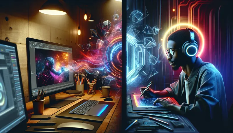 So sánh Driver Studio và Game Ready của NVIDIA qua hình ảnh một bên là không gian làm việc đồ họa, một bên là không gian chơi game.