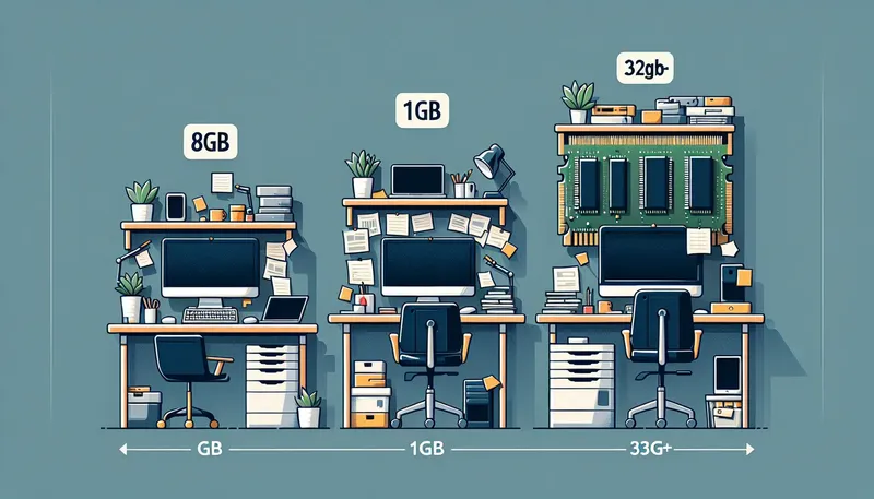 So sánh dung lượng RAM 8GB, 16GB, 32GB làm nhạc ví như không gian bàn làm việc từ chật hẹp đến rộng rãi.